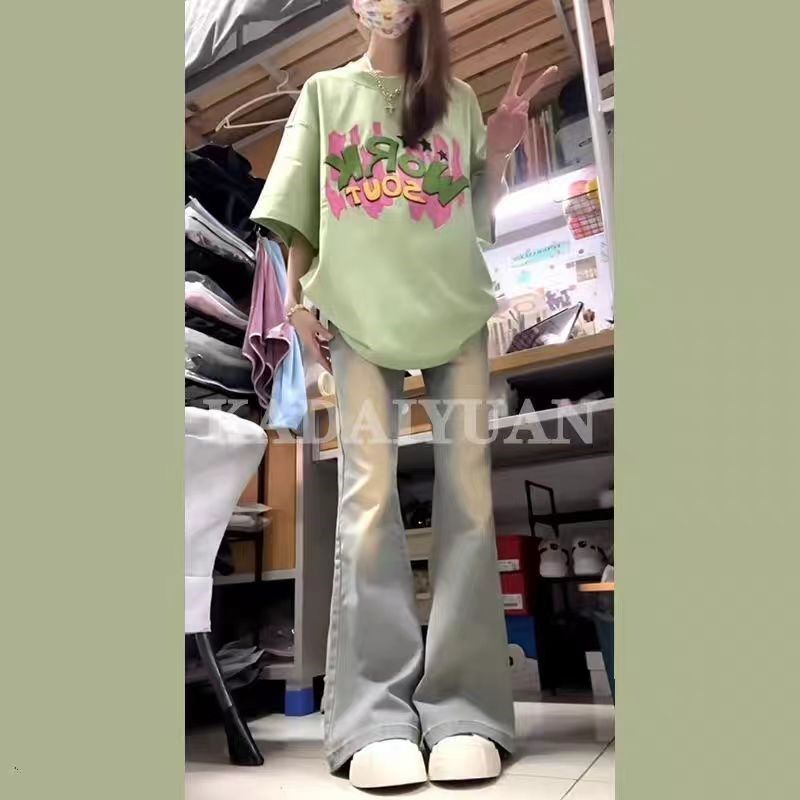 童装美式喇叭牛仔裤新款微喇弹力显瘦显高窄版小个子裤子女童夏款