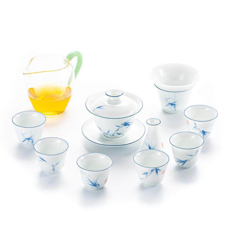 兴永达 手绘甜白釉盖碗套组玉瓷薄胎兰竹三才杯茶碗茶杯套装茶具