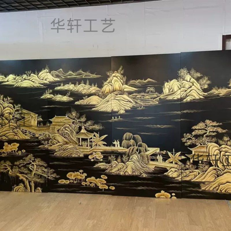 定制黑色底描金山水手绘漆画隔断玄关移动折屏背景墙中古屏风中式