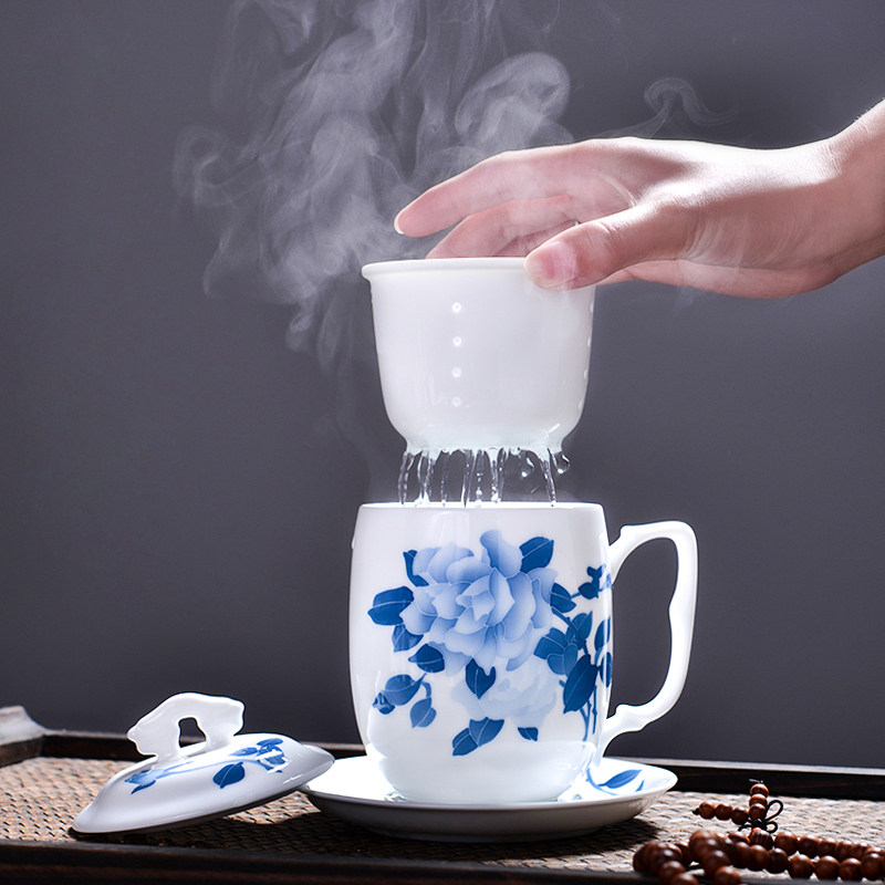 千红窑手绘茶杯陶瓷带盖内胆过滤水杯茶水分离泡茶杯办公家用杯子