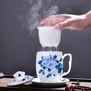 千红窑手绘茶杯陶瓷带盖内胆过滤水杯茶水分离泡茶杯办公家用杯子