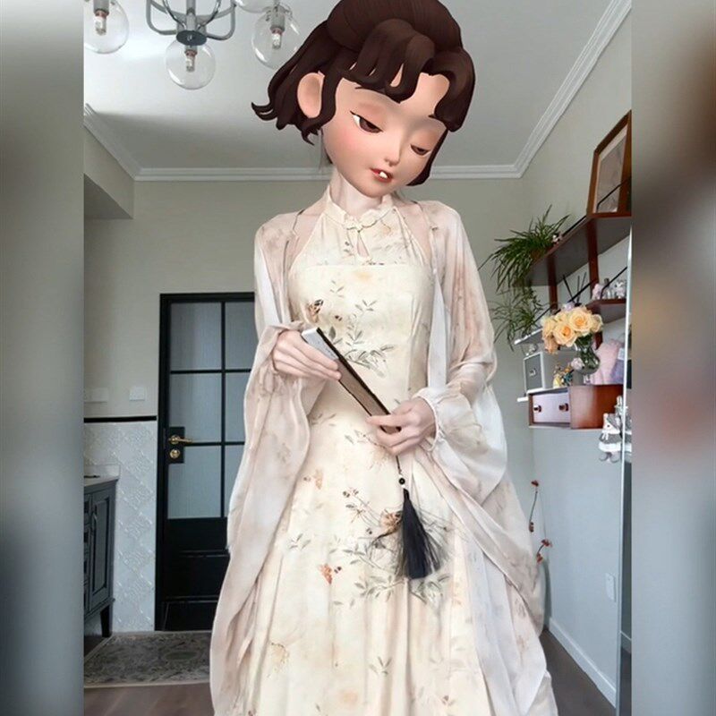 胖mm新中式国风挂脖碎花连衣裙女夏季旗袍年轻款禅意开衫两件套装