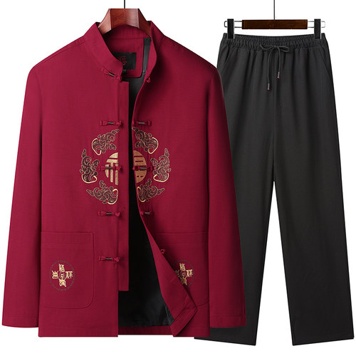 春秋季唐装男士爸爸外套套装中国风中老年人爷爷生日汉服夹克衣服