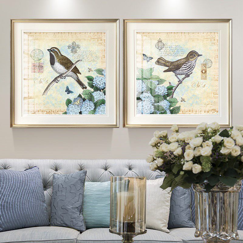 简约美式客厅沙发背景花鸟背景画简美轻奢蝴蝶蜻蜓卧室床头装饰画