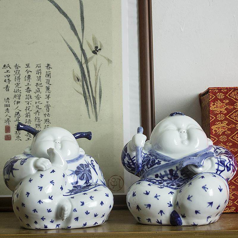 景德镇陶瓷公仔手工瓷器娃娃青花瓷中式人物工艺品礼品客厅摆件