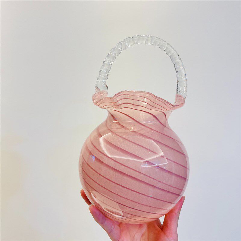 粉色手提袋花瓶手工玻璃条纹方形格子提篮系列家居装饰品一级品