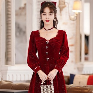大码冬季敬酒服新娘红色礼服女高级感裙子订婚连衣裙长袖平时可穿