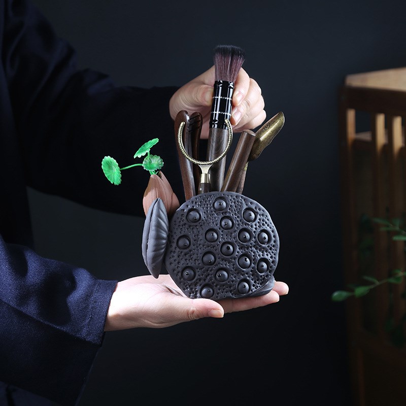 黑檀木六君子紫砂莲蓬仿生老莲子茶具配件用品泡茶工具茶笔茶针勺