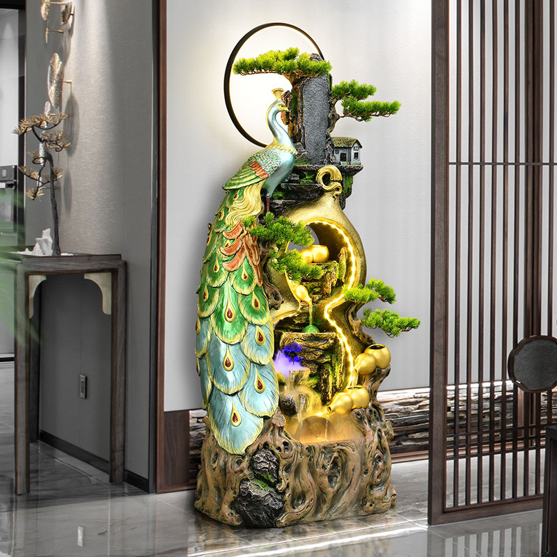 新中式流水景观摆件室内装饰孔雀寓意富贵吉祥开业送礼品免费刻字