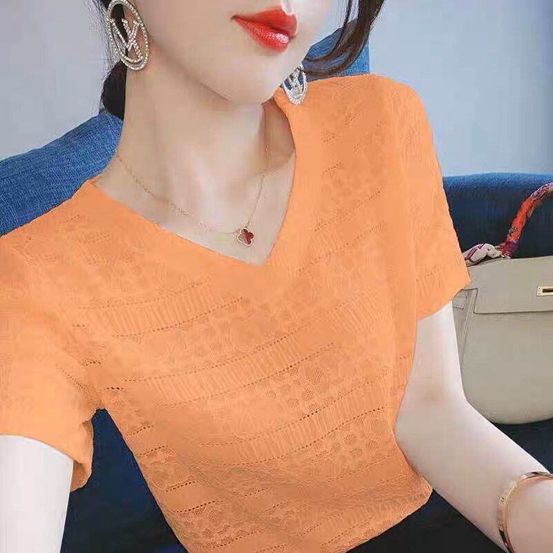 短袖t恤女2024夏季新款显瘦百搭宽松V领蕾丝气质雪纺衫打底衫上衣