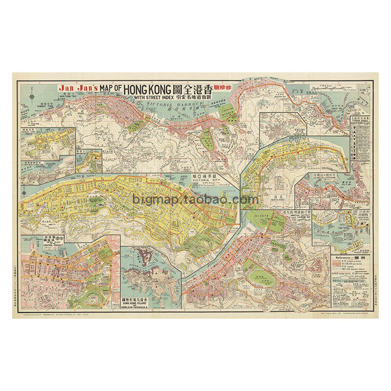 香港全图1958年版老地图 超大巨幅港式茶餐厅复古风情装饰壁画芯H