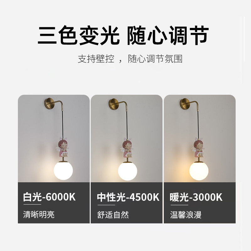儿童房牀头壁灯女孩房间卧室灯时尚卡通全光谱调光智能墙壁吊线灯