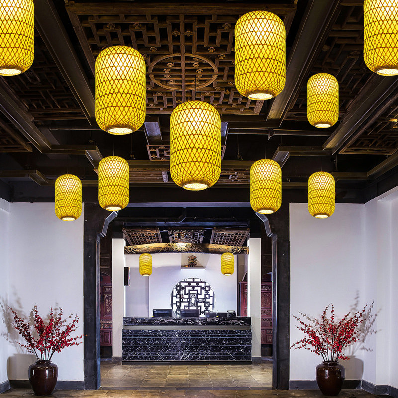 新中式仿古竹艺竹编布艺阳台火锅店日式餐厅红色 灯笼吊灯 中国风