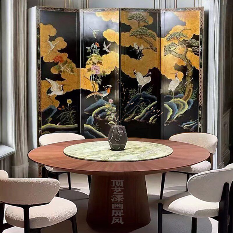 定制中试复古屏风黑底花鸟小众折屏工艺客厅隔断茶室玄关遮挡折叠