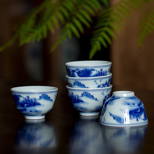 康熙山水仿古青花茶杯单个陶瓷功夫茶具泡茶杯敬茶杯品茗杯主人杯