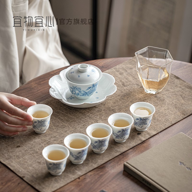 手绘青花三才盖碗茶杯功夫茶具套装陶瓷中式高档泡茶乔迁新居礼物