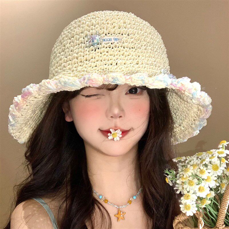 彩色花边镂空编织草帽女夏海边沙滩度假云南旅游遮阳防晒太阳帽子