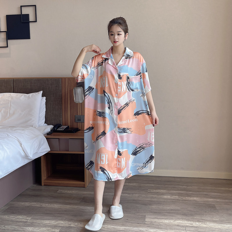 夏天冰丝薄款大码睡裙女200斤短袖睡衣韩版胖mm孕妇连衣裙家居服