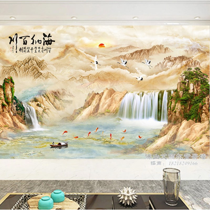 岩板背景墙大理石影视墙瓷砖微晶石中式迎客松山水石材客厅装饰画