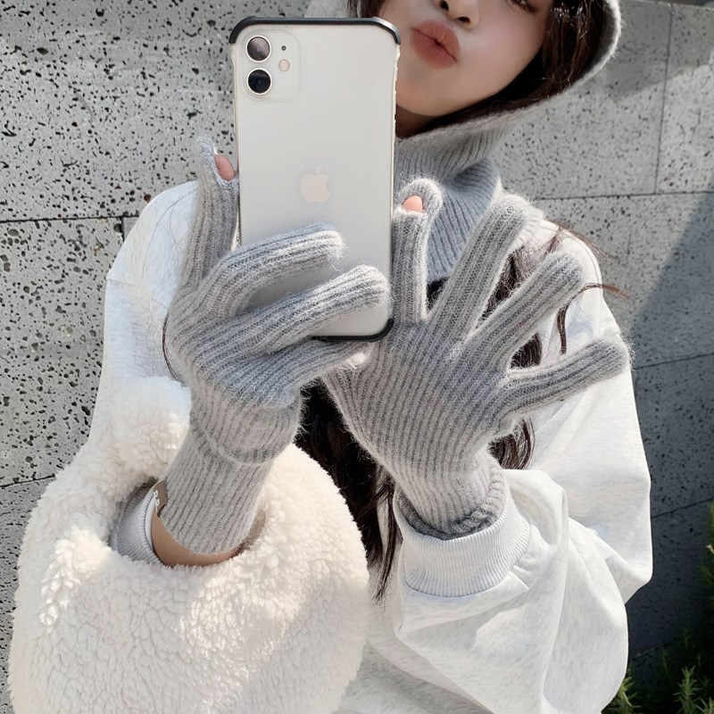 纯色针织毛线手套女秋冬季韩版保暖加厚可爱五指触屏露指冬天骑车