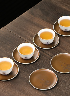 好茗天手工紫铜包银边茶杯垫杯托纯铜功夫茶具配件家用隔热壶托垫