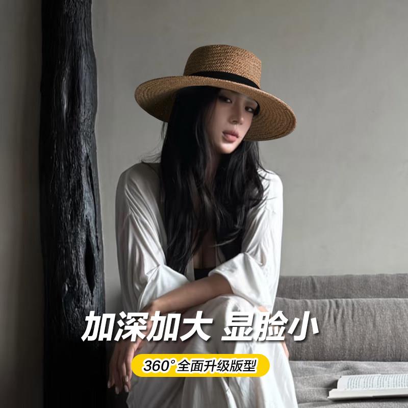 韩国手工钩织大头围草帽女法式编织镂空平顶老钱风礼帽高级感轻奢