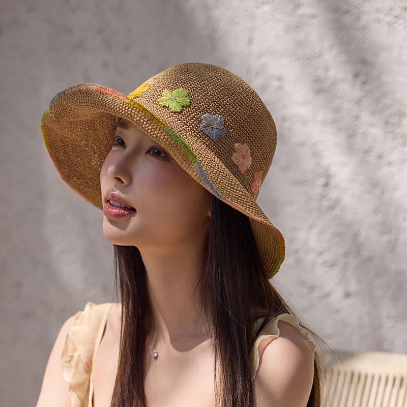 春夏法式复古可卷边渔夫帽花朵草帽女海边度假遮阳透气纸草盆帽