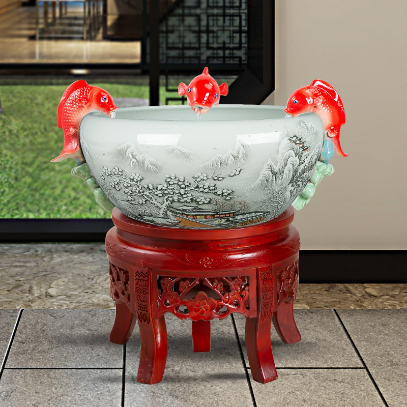 景德镇陶瓷荷花缸金鱼缸乌龟缸流水鱼池家居造景喷泉景观装饰摆件