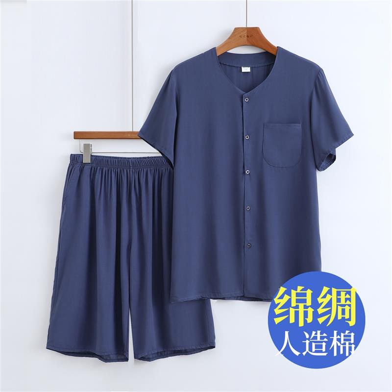 中老年夏季绵绸短袖开衫短裤套装爸爸绵绸上衣睡衣爷爷人造棉夏装