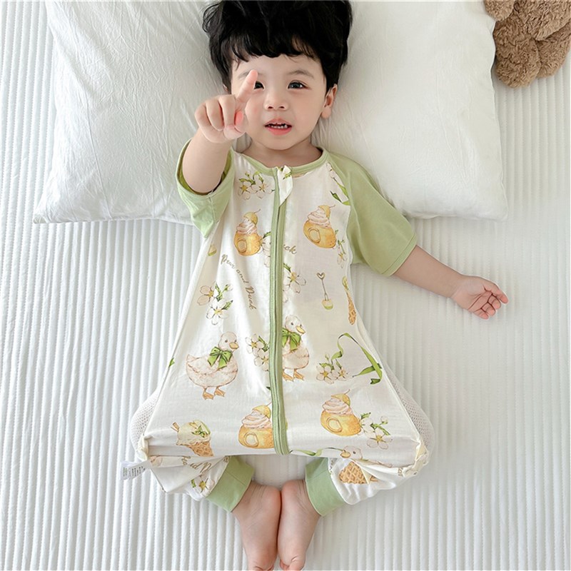 夏季儿童竹棉纱布短袖睡袋婴幼儿分腿防踢被薄款透气空调房连体衣