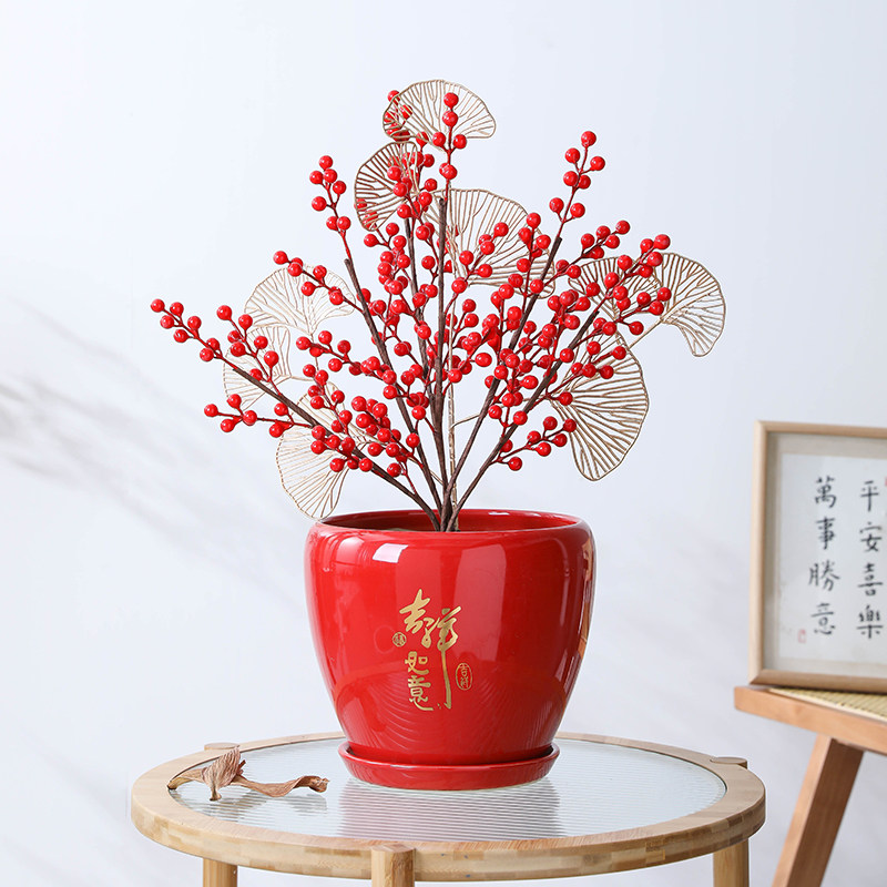 大红色花盆陶瓷家用带陶瓷托盘中国风客厅兰花君子兰新年冬青盆栽