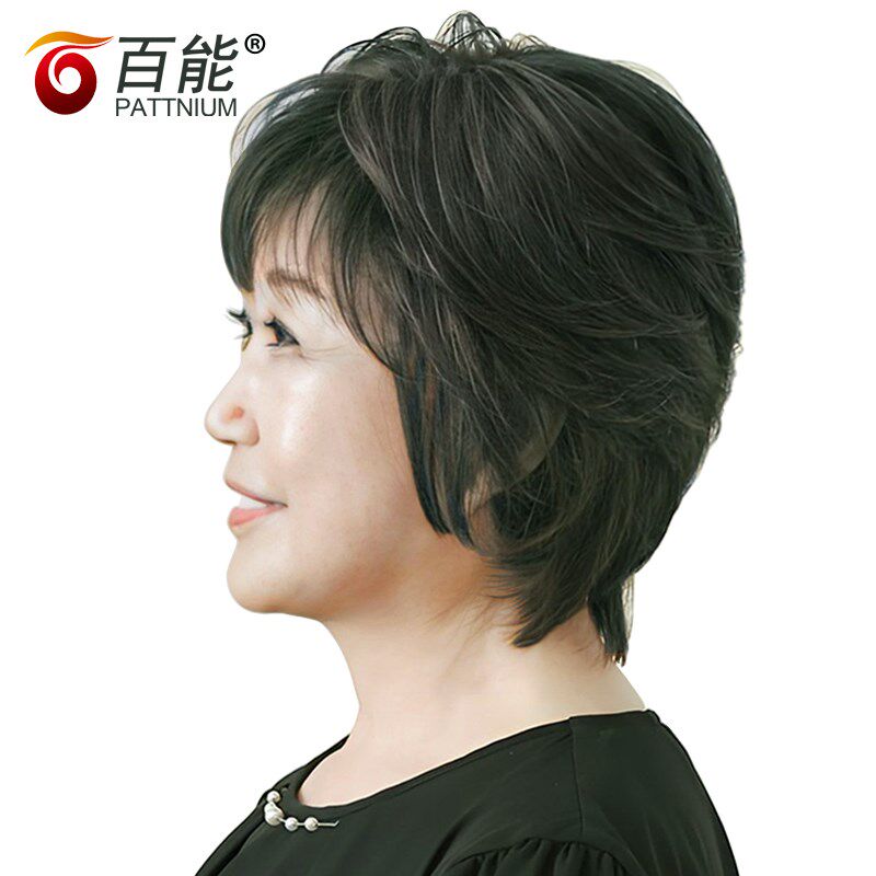 真人发丝真发假发短发女直发 全手织中老年假发 女士逼真妈妈头套
