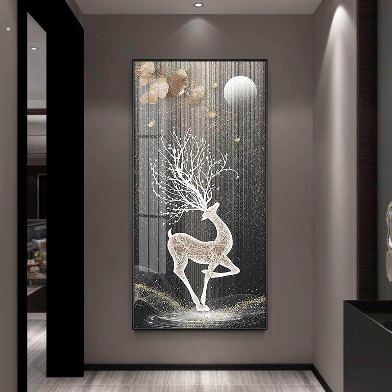 轻奢玄关装饰画现代简约入户门客厅走廊过道挂画抽象孔雀竖版壁画