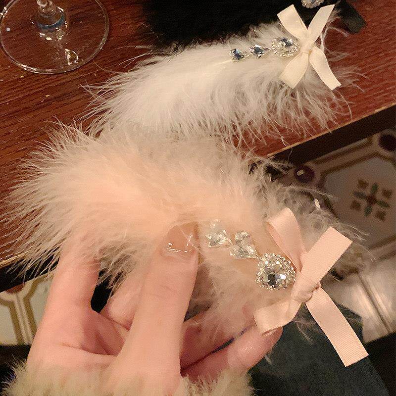 蝴蝶结羽毛发夹侧边头饰白色发饰女生秋冬鸭嘴夹子气质高级感发卡