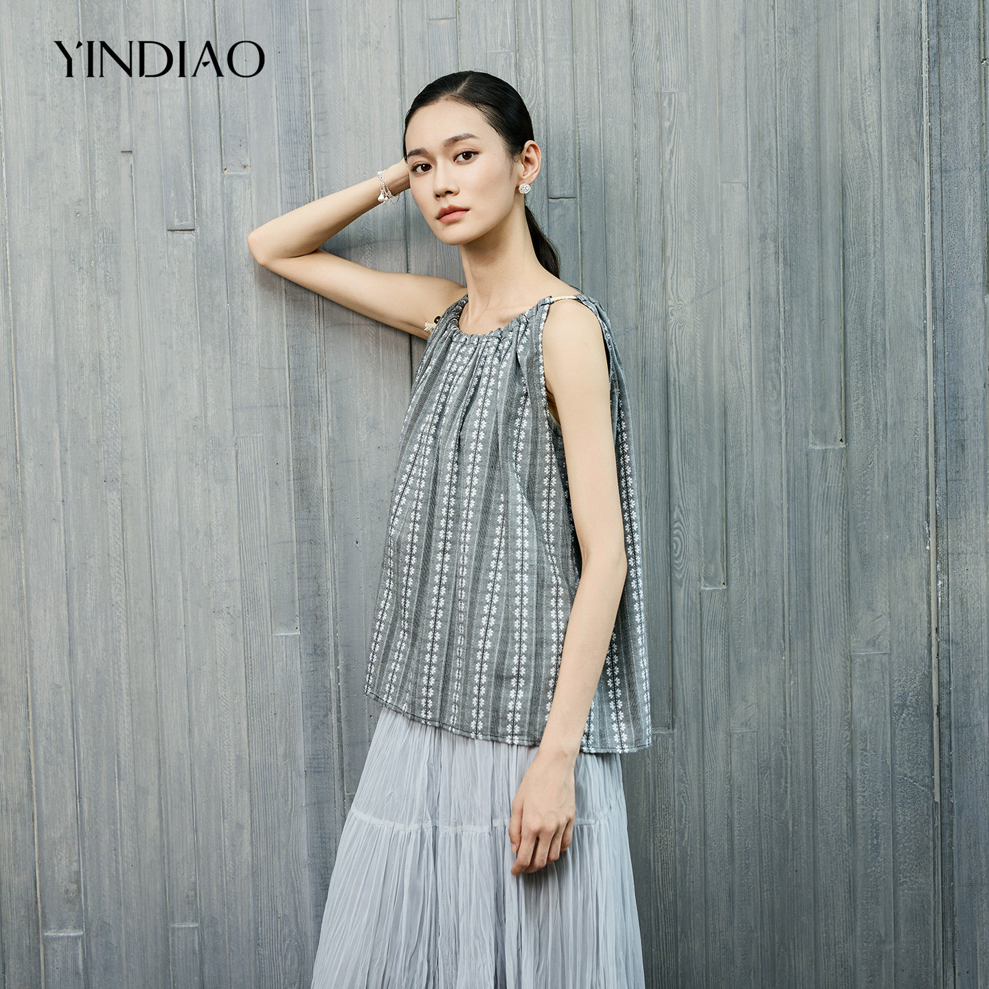 YINDIAO引调法式提花吊带小衫