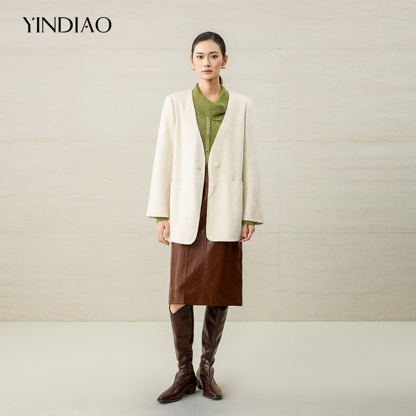 YINDIAO引调简约百搭2026冬新款V领绵羊毛100双面呢大衣毛呢外套