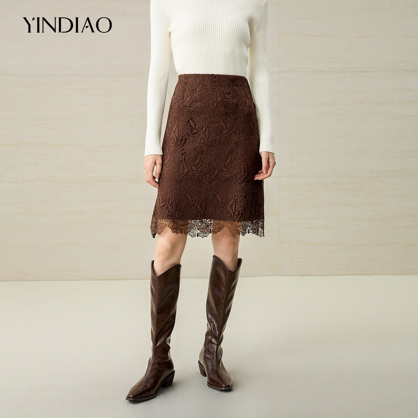 YINDIAO引调净色蕾丝提花半裙