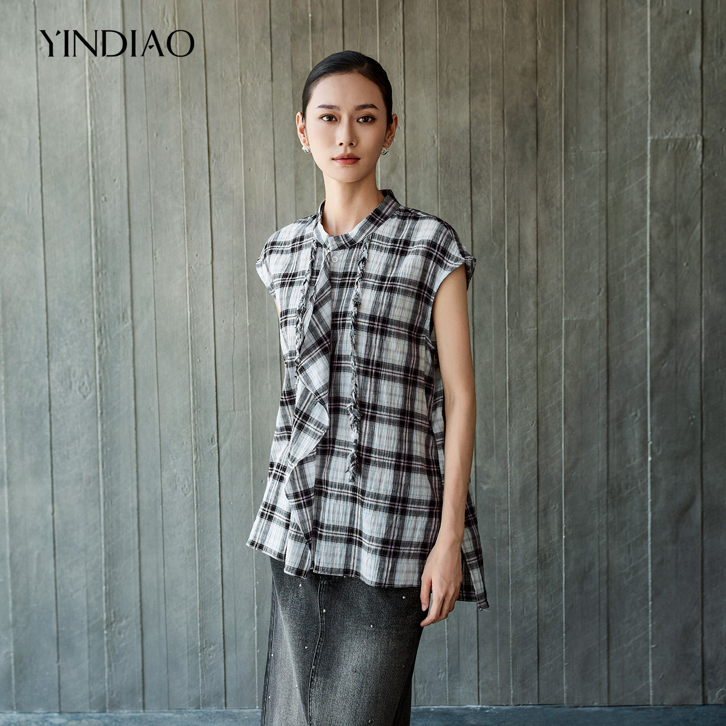 YINDIAO引调法式格子无袖小衫