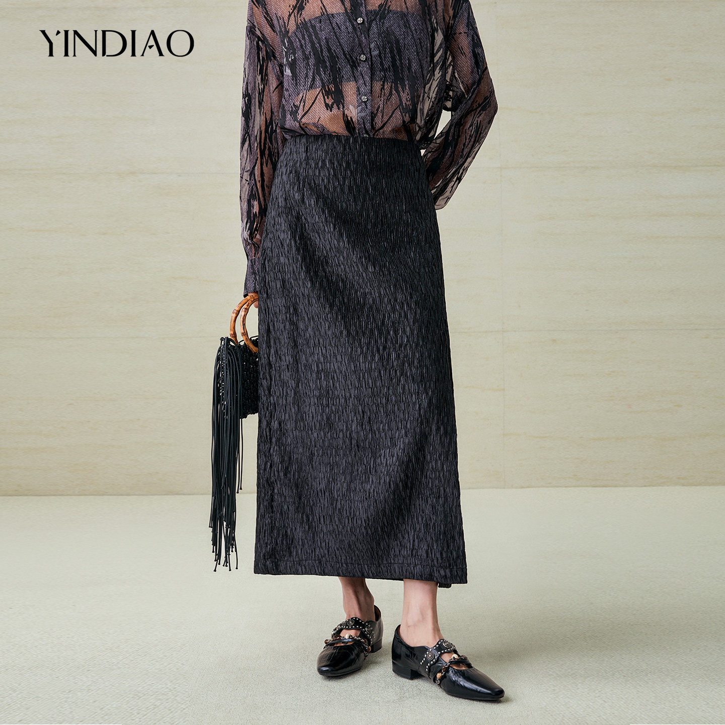 YINDIAO引调侧拉链竖条纹半裙