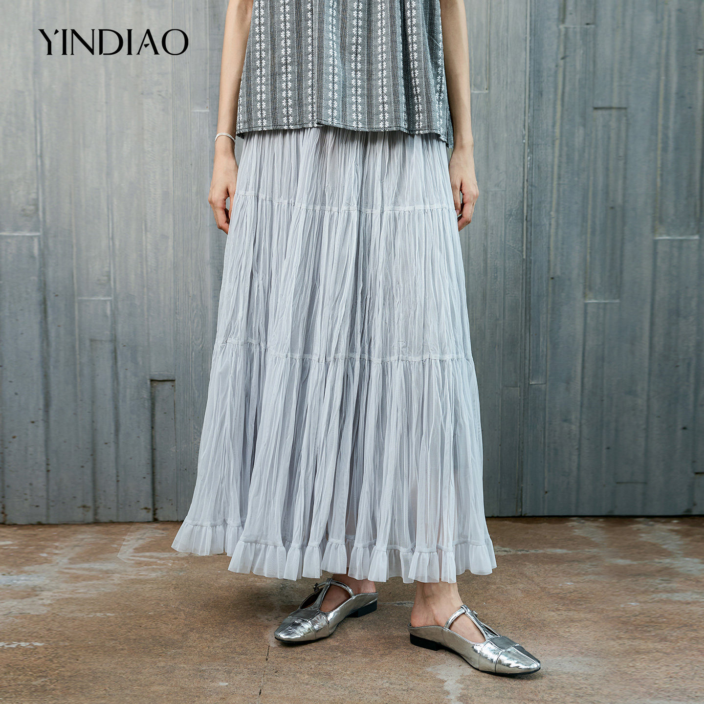 YINDIAO引调净色网纱拼接半裙