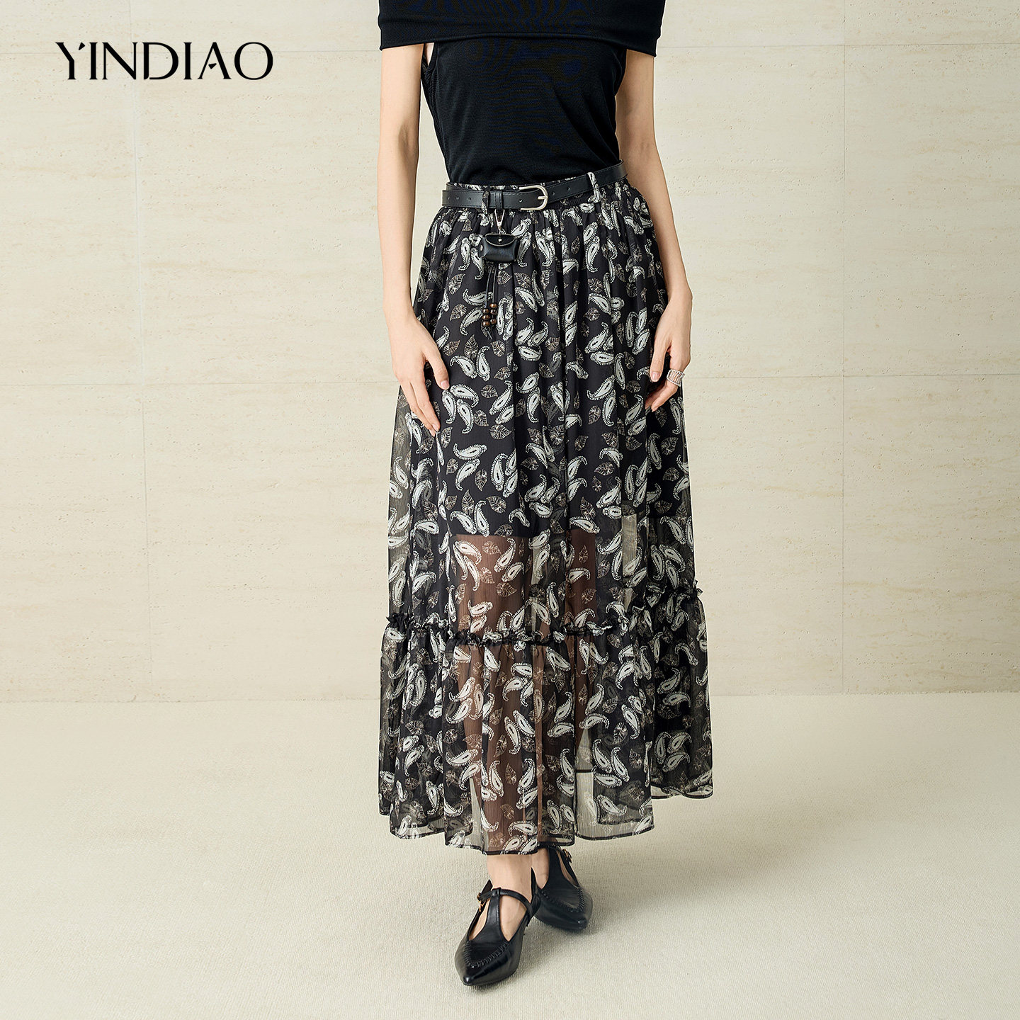 YINDIAO引调腰带松紧腰印花半裙
