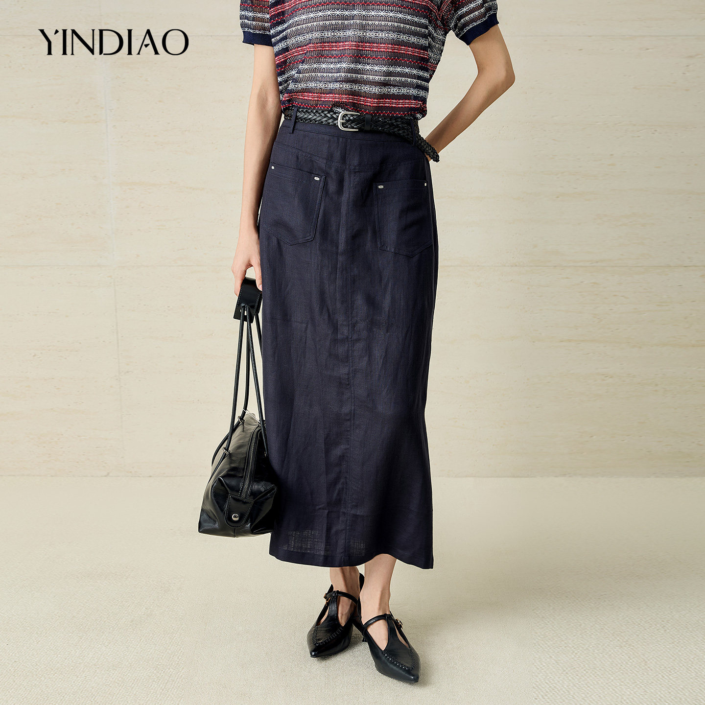 YINDIAO引调通勤莱赛尔亚麻半裙