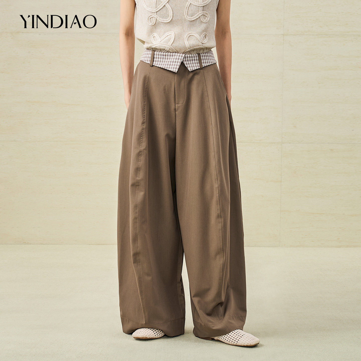 YINDIAO引调腰部格子翻边阔腿裤