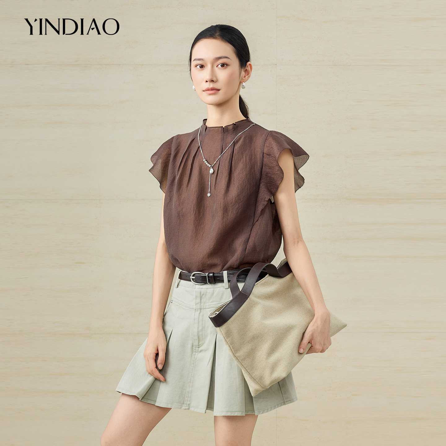 YINDIAO引调对丝木耳边腰带小衫