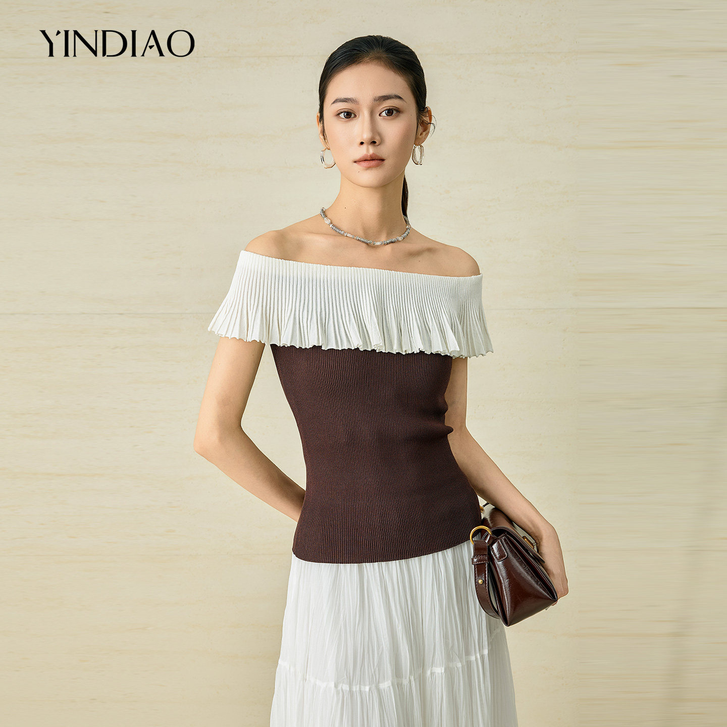 YINDIAO引调撞色荷叶边针织衫