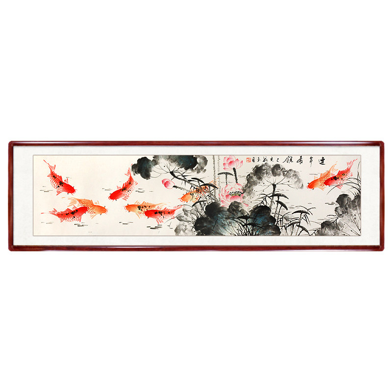 九鱼图风水国画纯手绘真迹花鸟客厅沙发卧室床头挂画牡丹花装饰画