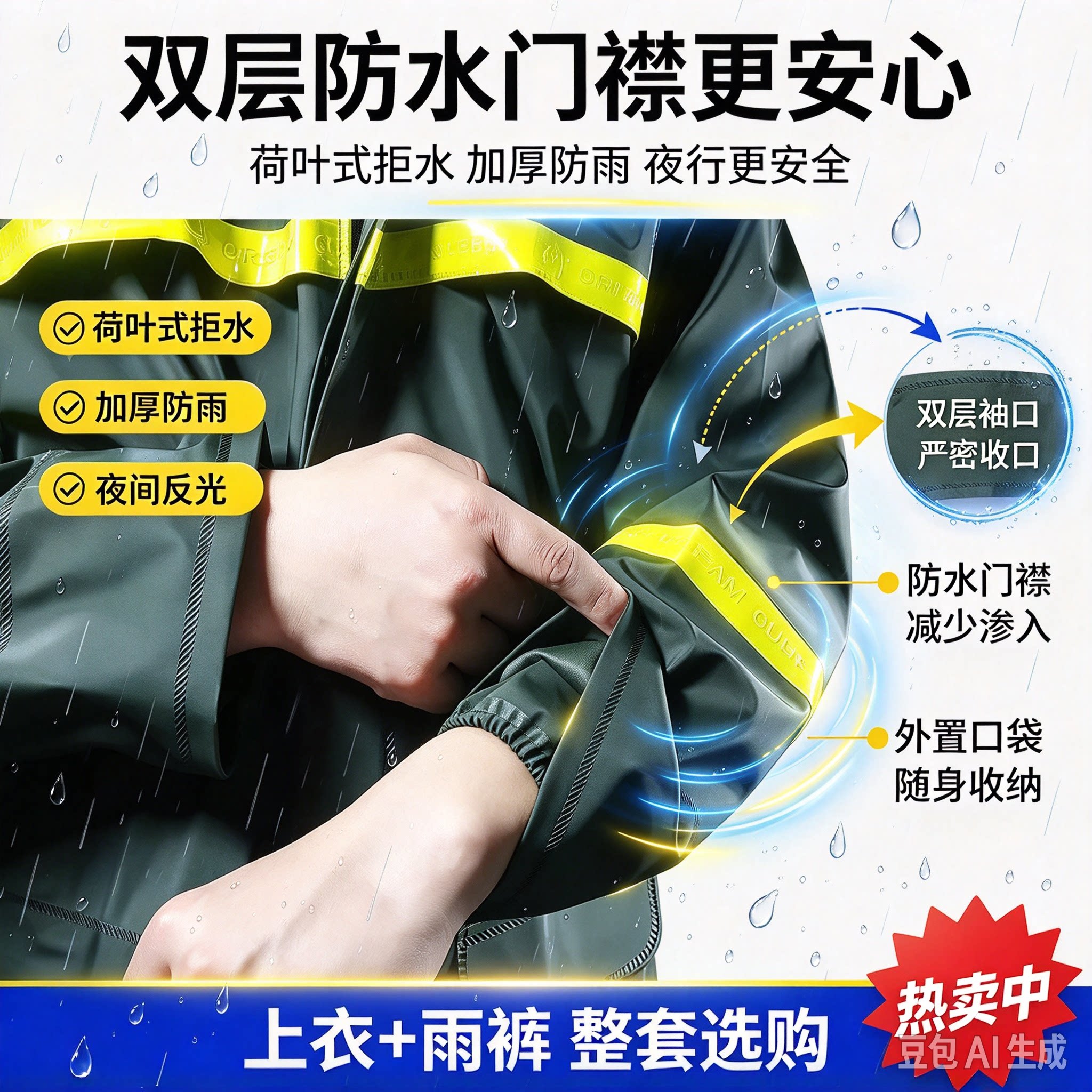 姜太公双层防水门襟雨衣雨裤套装男女户外防雨加厚反光安全雨披