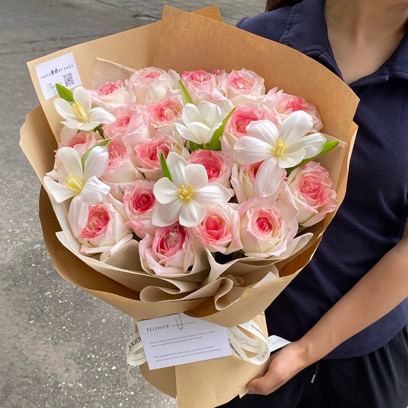 白桃乌龙奶盖玫瑰郁金香花束北京上海广州生日鲜花速递同城配送花