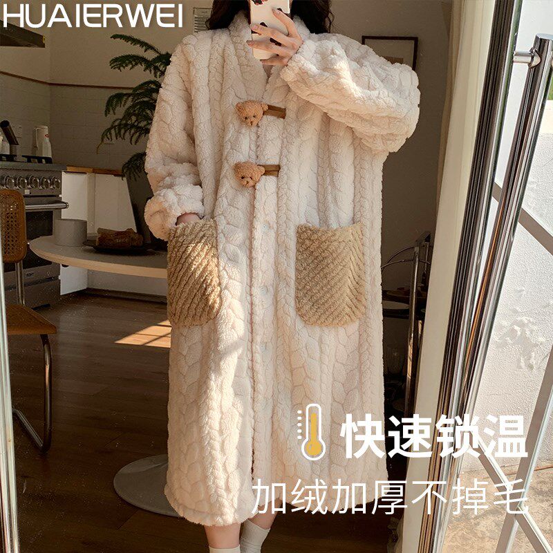 2025新款秋冬季睡袍女珊瑚绒加绒加厚长款浴袍冬天睡裙睡衣家居服