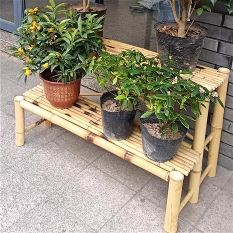 二层原竹白竹花架落地置物网格竹制手工创意阳台田园花架花台货架